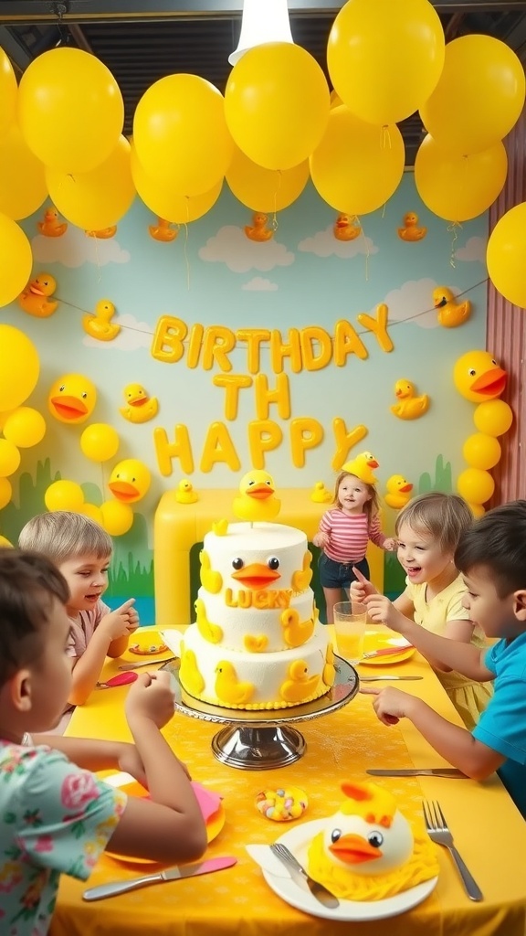 Duck-themed birthday party with yellow balloons, rubber ducks, and a decorated cake.